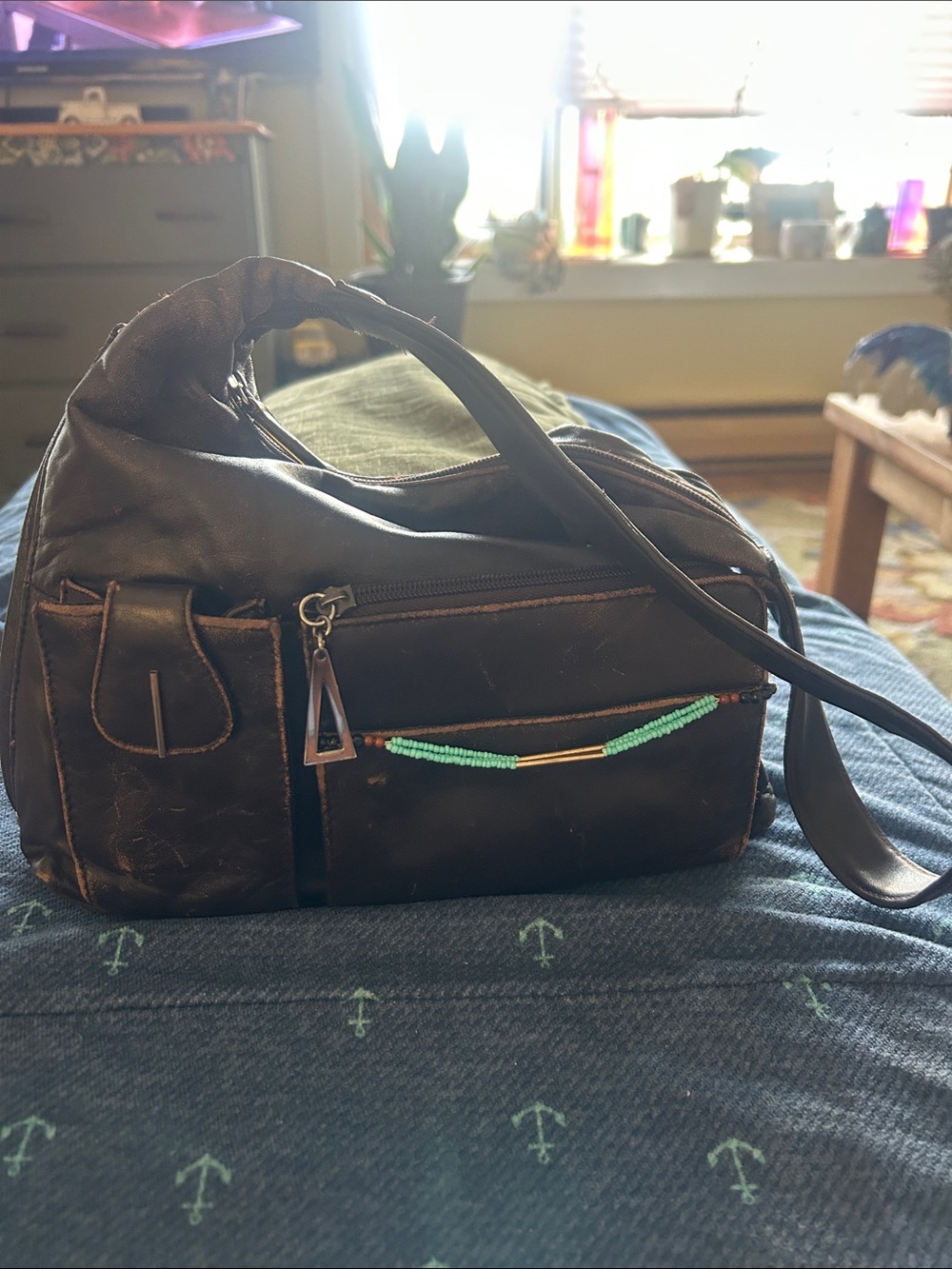 Preston & York Dark Brown Shoulder Bag with Teal Bead Accent Side Pocket